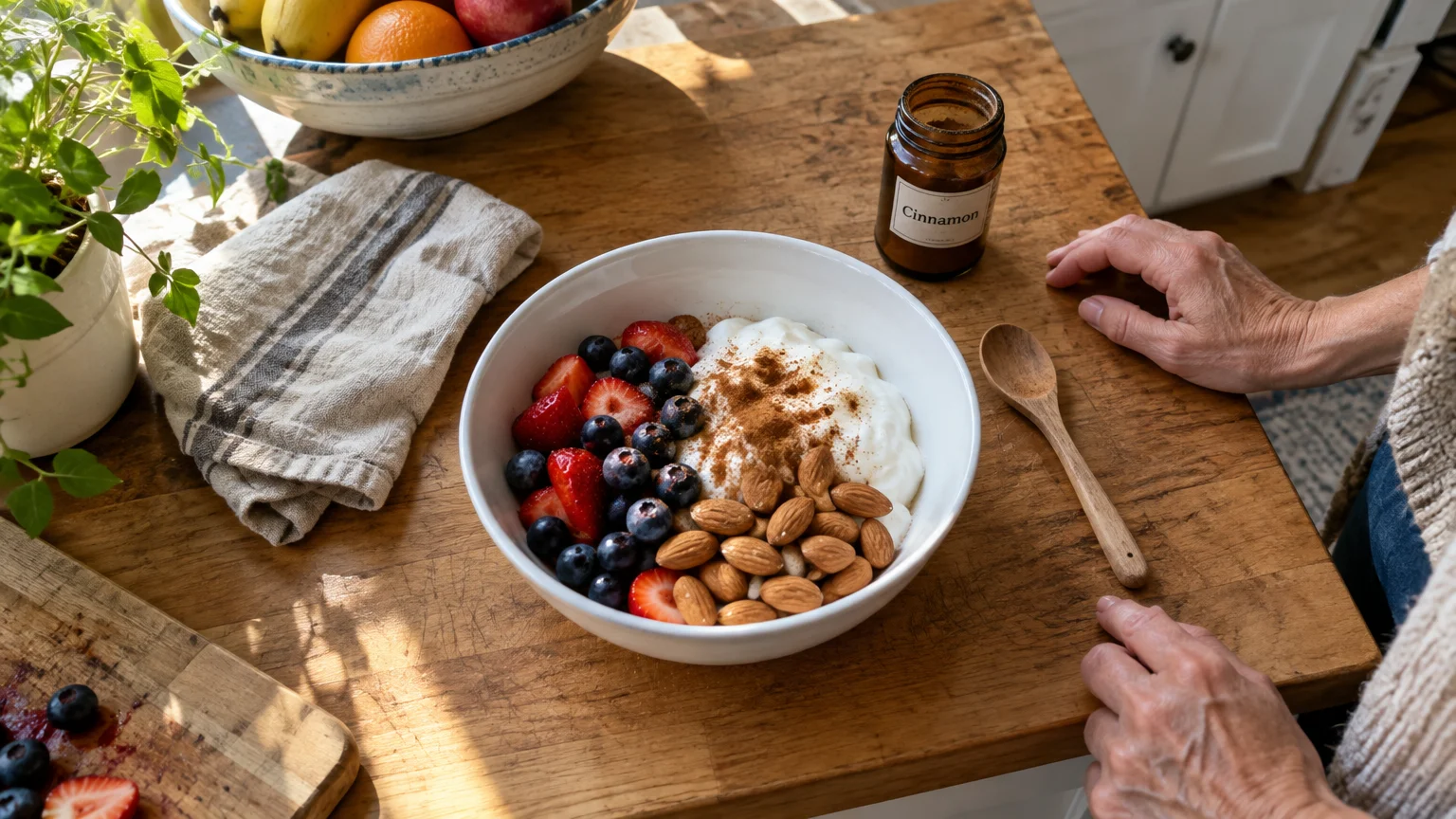 A bowl of yogurt topped with fresh strawberries, blueberries, almonds, and ground cinnamon on a rustic wooden table.