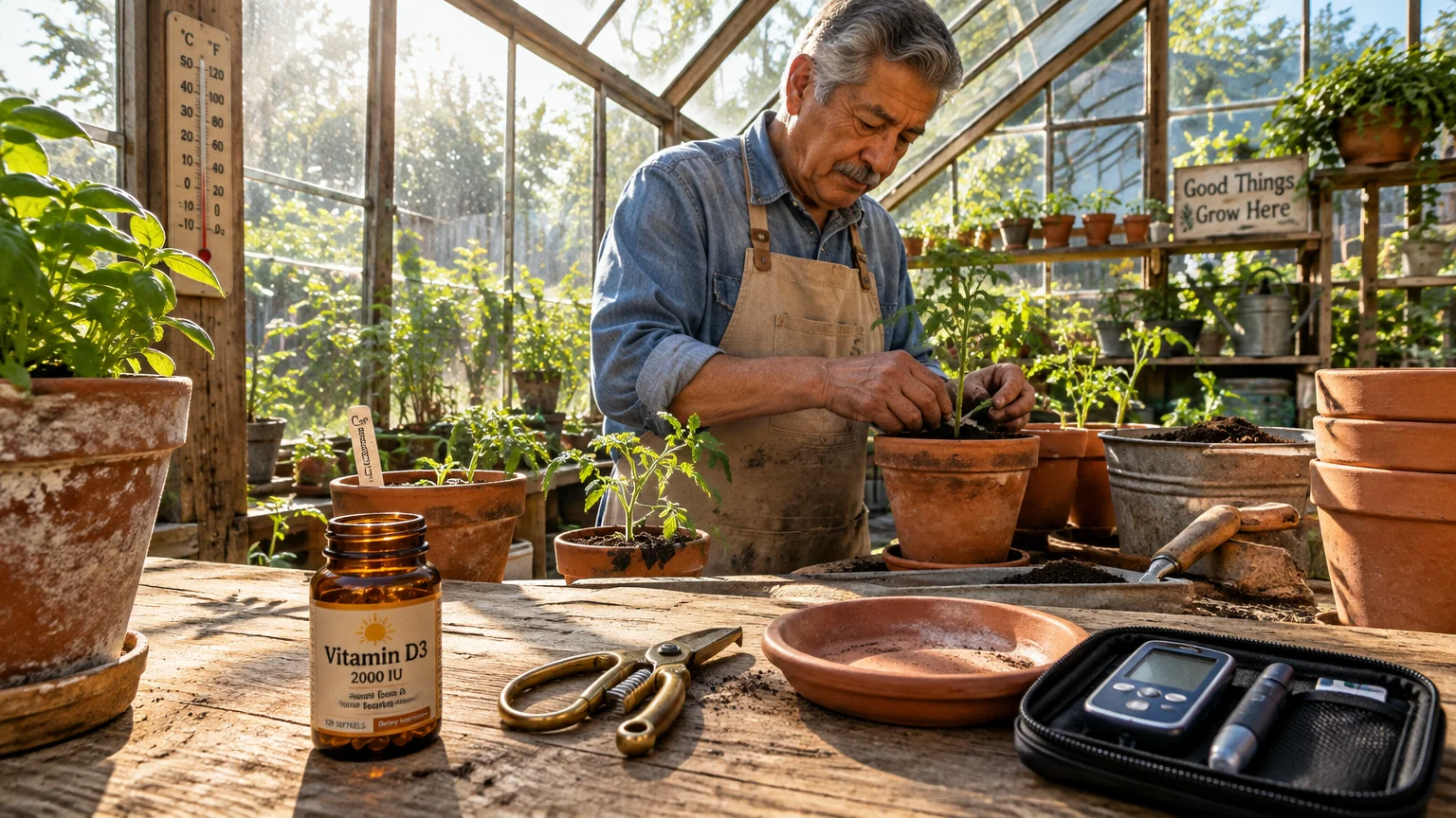 A senior man pots plants in a greenhouse near a vitamin D bottle, gardening shears, and a glucose monitor.