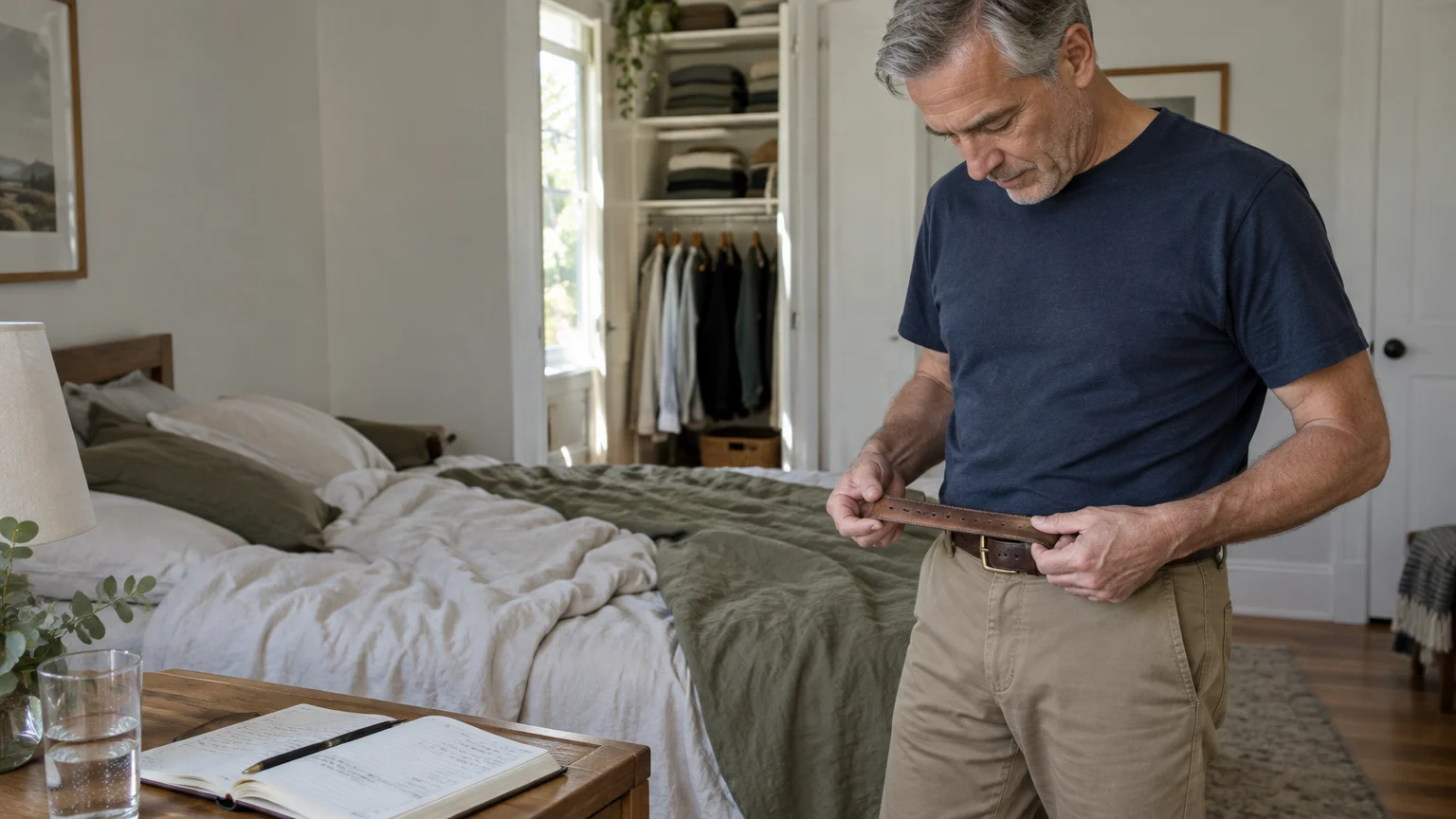A middle-aged man standing in a bedroom looks down while tightening a brown leather belt around his loose pants.