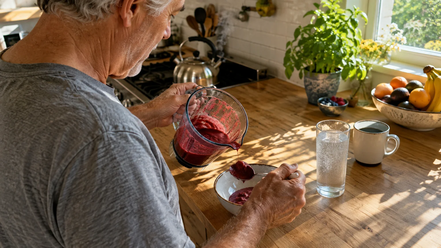 An older man pours a red berry smoothie from a blender into a bowl on a sunny kitchen counter.