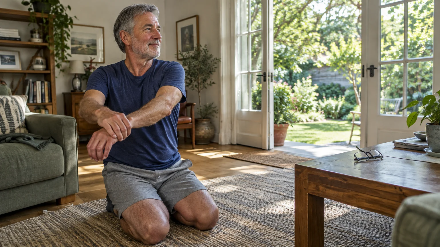 A mature man kneeling on a living room rug stretches his wrist and forearm before exercising.