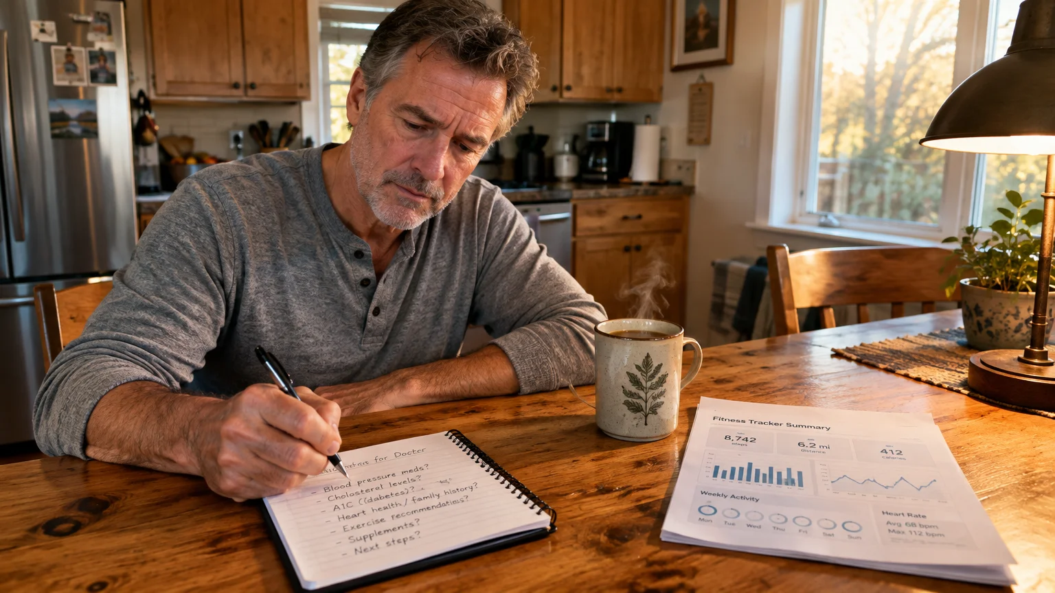 A mature man sitting at a wooden kitchen table writes in a spiral notebook beside a steaming mug and fitness tracker printout.