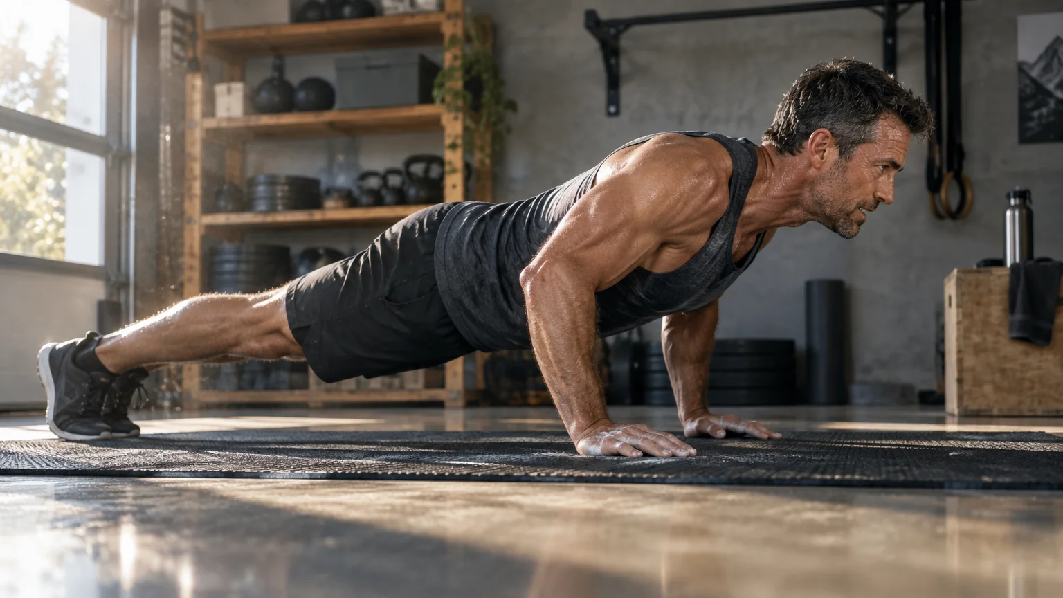 A muscular man in a black tank top and shorts performs a pushup on an exercise mat in a gym.