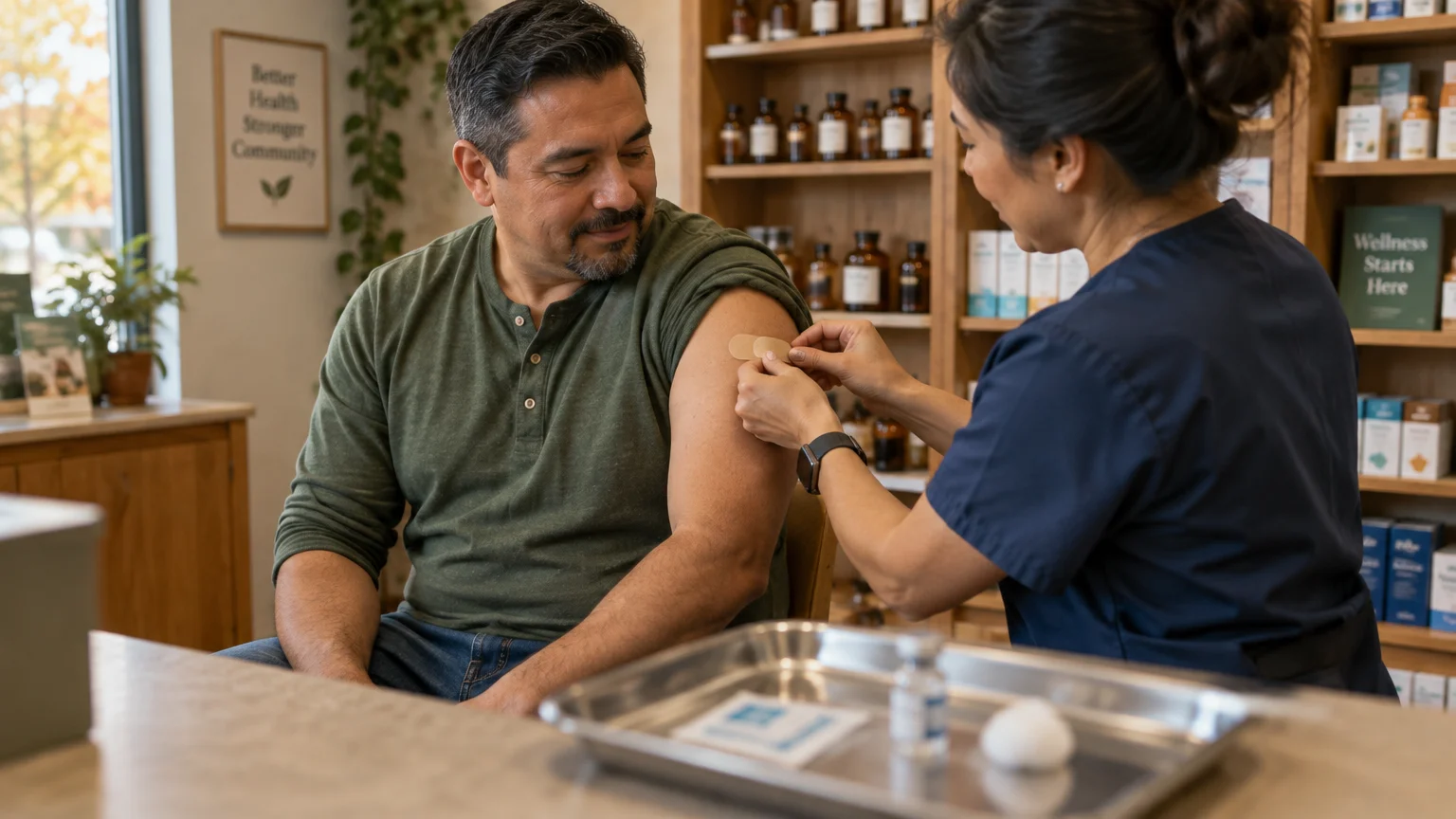 A clinician applies a bandage to a man's upper arm next to a medical tray in a wellness clinic.