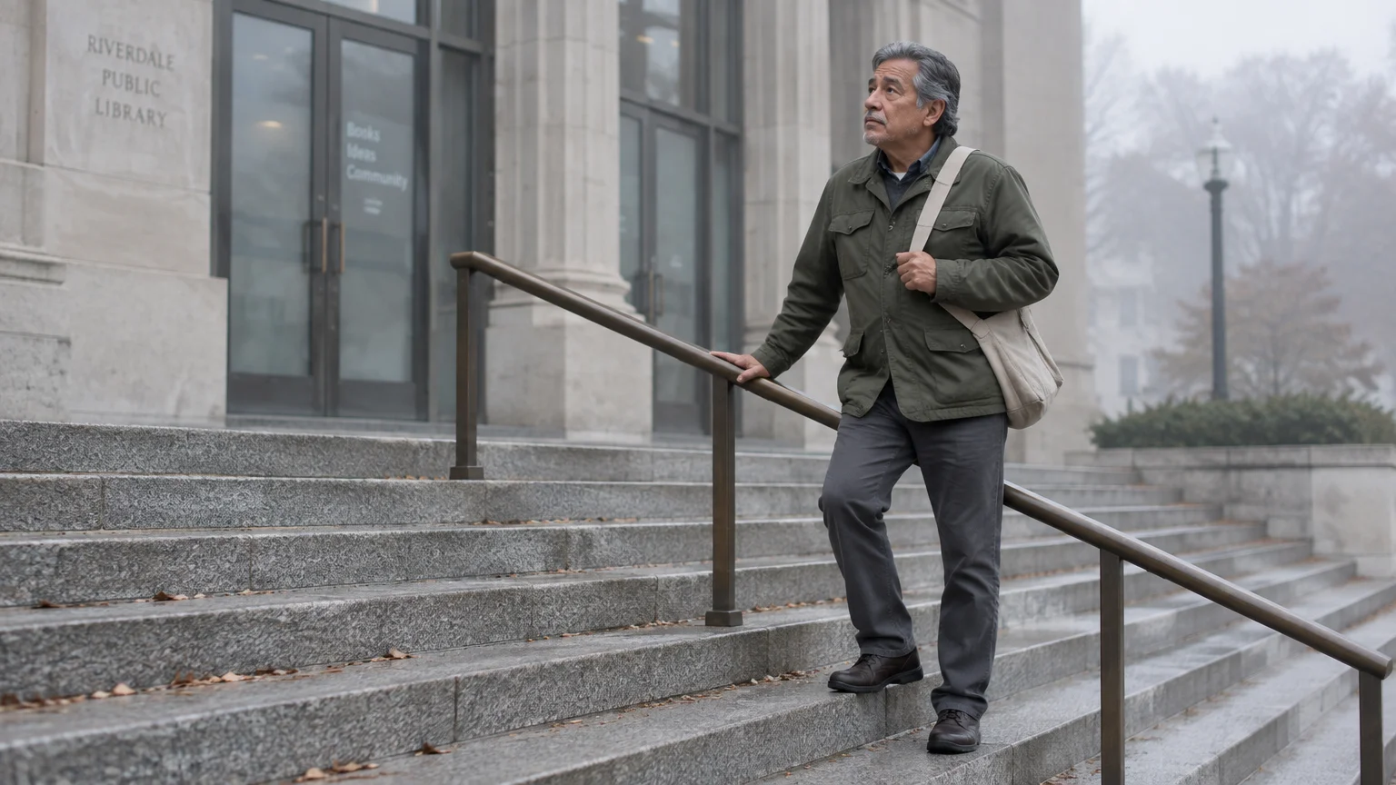 Older man with a shoulder bag pauses on the stone steps outside a public library while holding a bronze handrail.