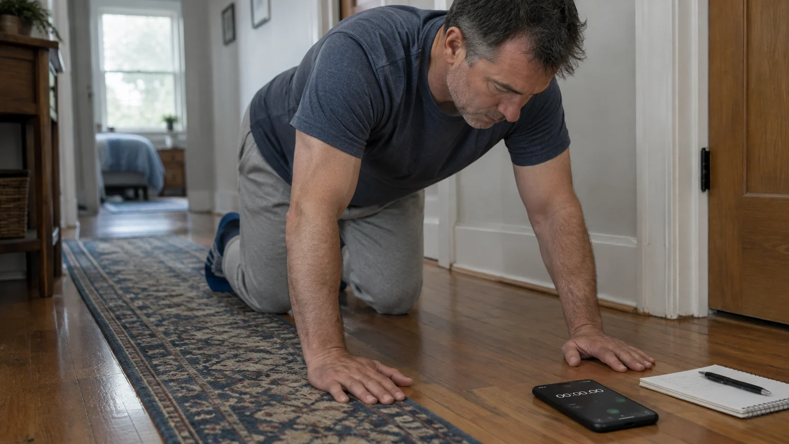 Man on his hands and knees on a hallway floor looking down at a phone stopwatch beside a notebook and pen.