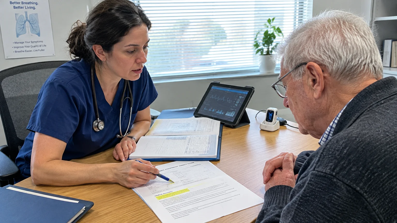A female doctor in scrubs reviews medical paperwork with an elderly male patient seated across a wooden desk.