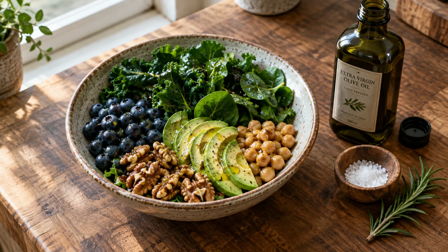 Ceramic bowl of salad with kale, spinach, avocado, blueberries, walnuts, and chickpeas beside a bottle of olive oil.