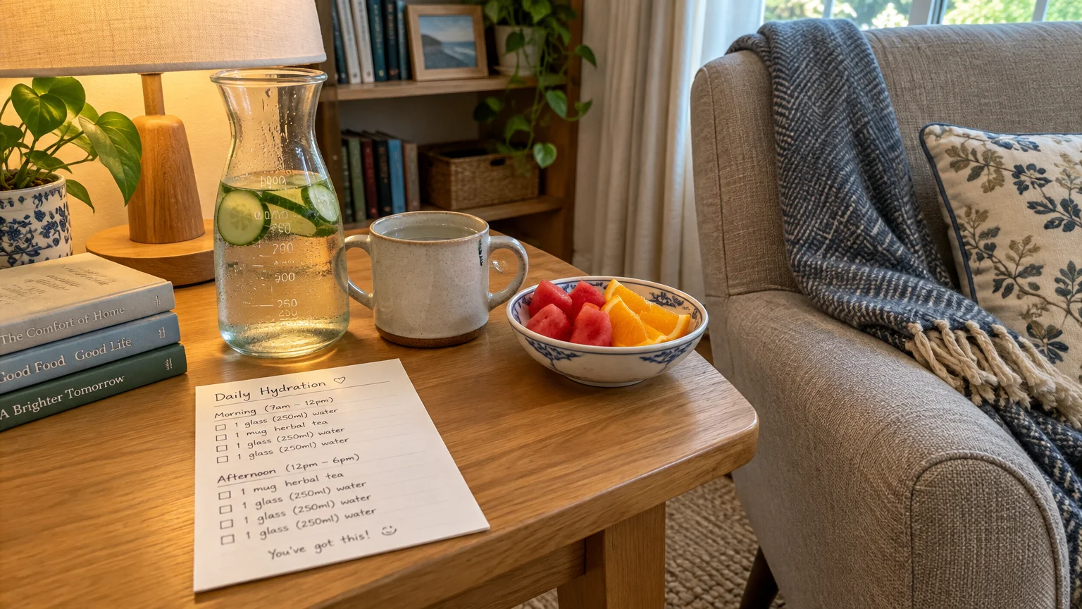Side table by an armchair with a water carafe, two-handled mug, fruit bowl, and daily hydration checklist.
