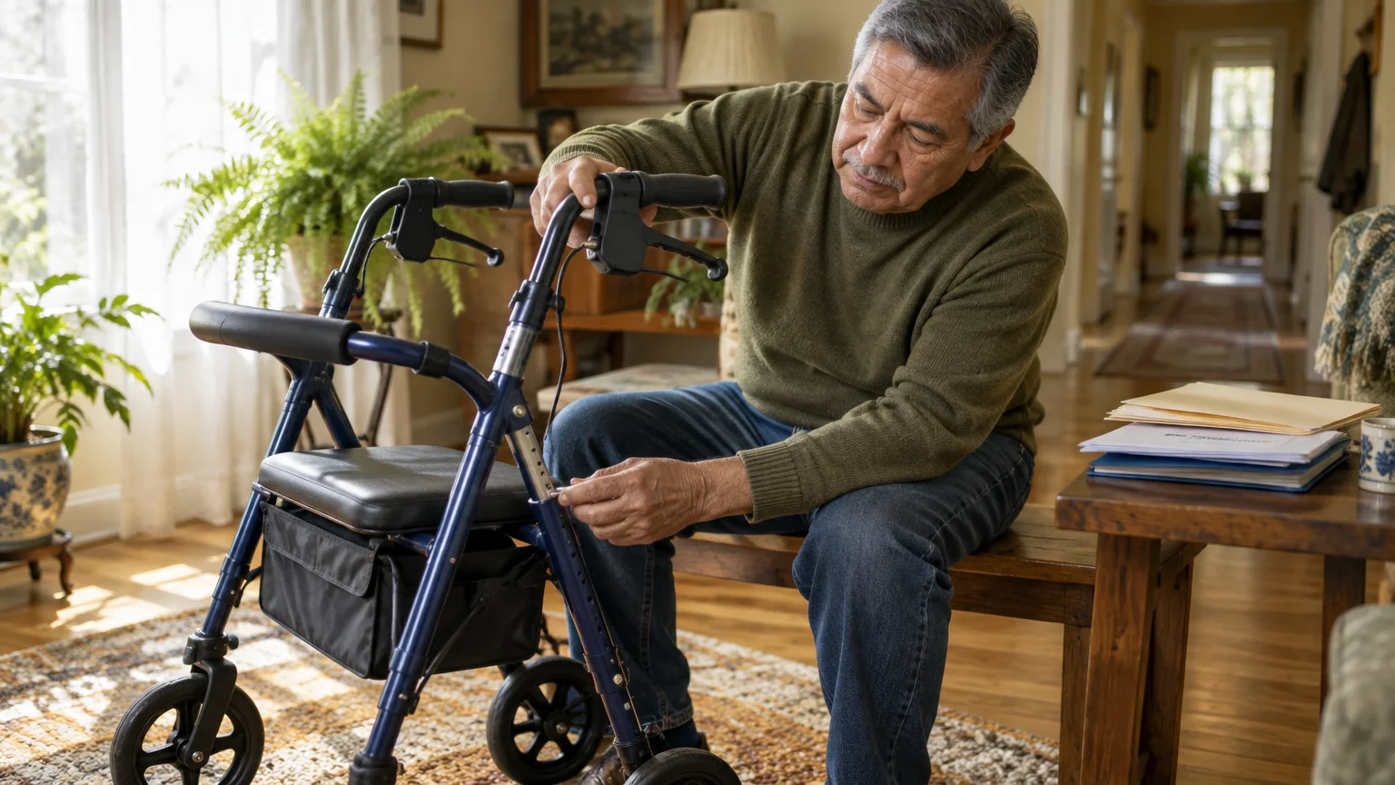 Senior man sitting on a wooden bench at home, adjusting the height mechanism of a blue four-wheeled rollator walker.
