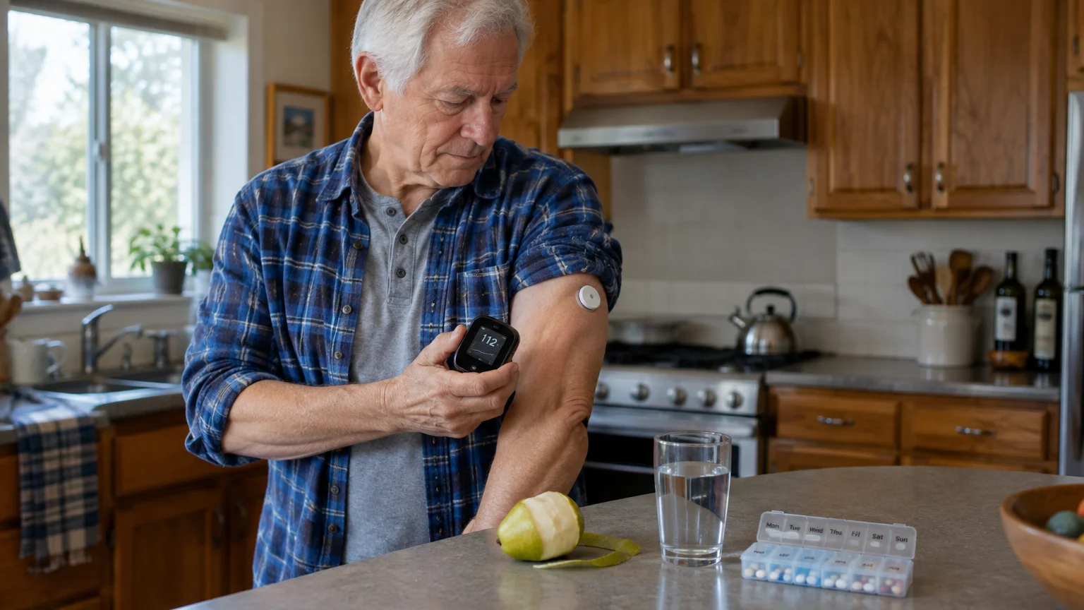 Older man in a kitchen scanning a glucose monitor sensor on his arm, beside a peeled pear, water, and a pill organizer.