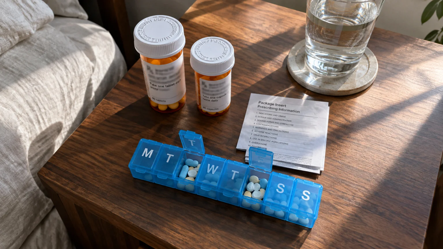 Pill bottles, a glass of water, an insert, and a weekly pill organizer sitting on a bedside table.