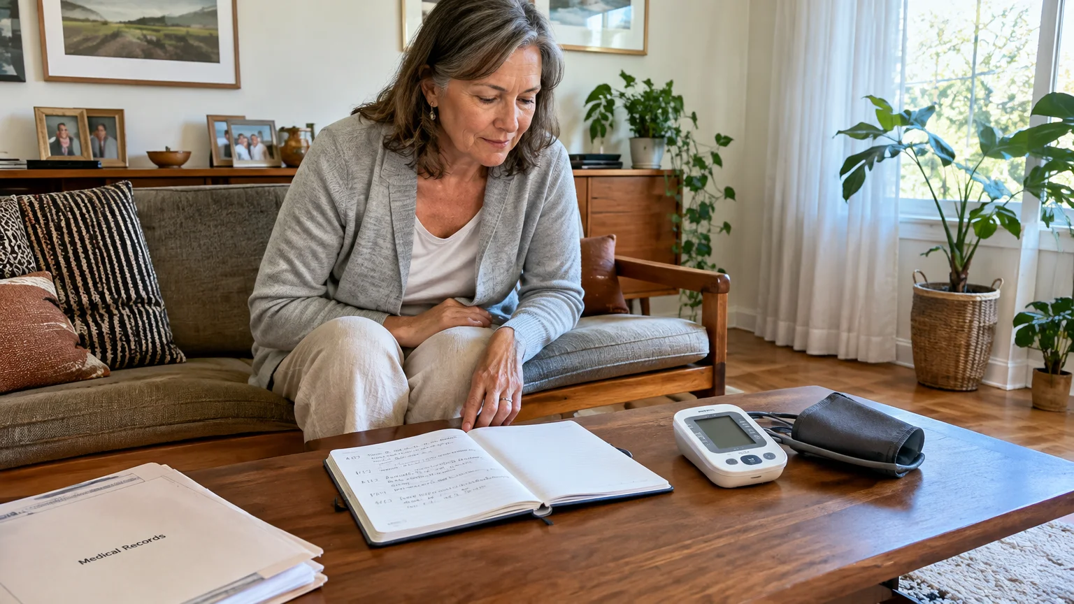 A mature woman sits on a couch looking at an open notebook beside a blood pressure monitor on a wooden coffee table.