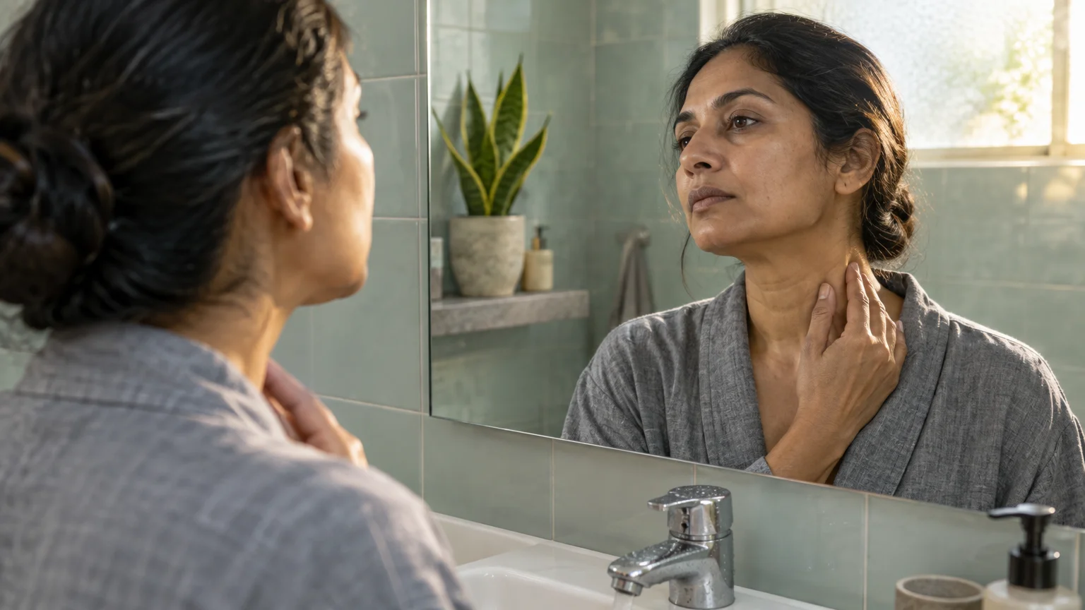 Woman in a gray robe touching her neck while looking closely at her reflection in a bathroom mirror.