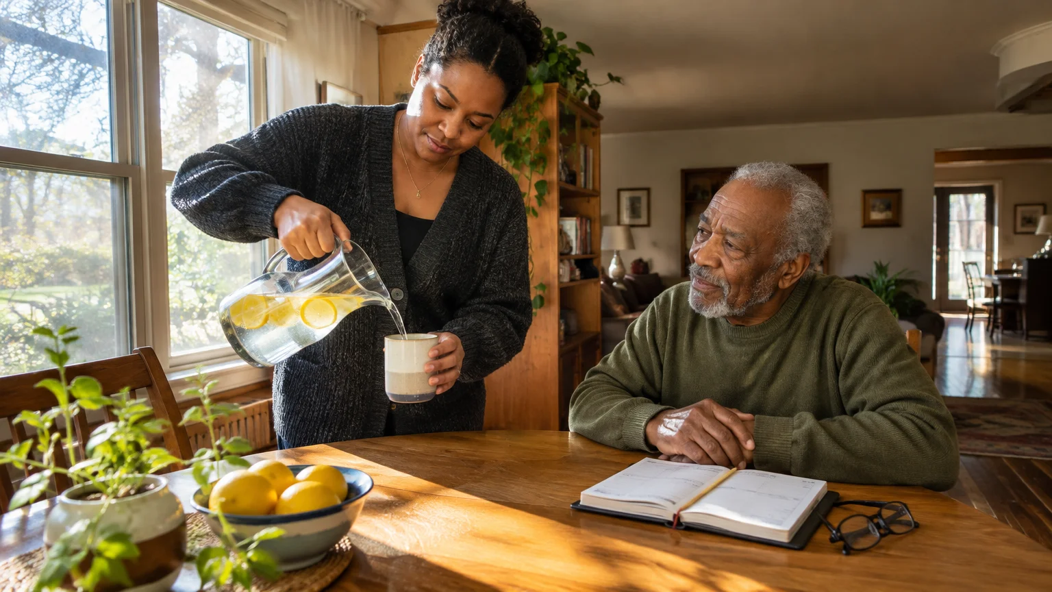 A woman pours lemon water from a pitcher into a cup for an older man sitting at a sunlit dining table.