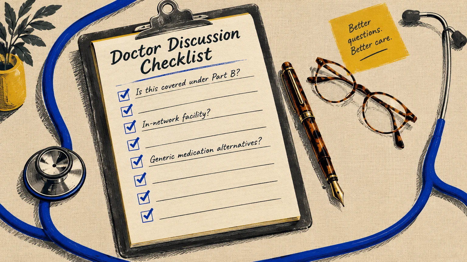 Illustrated clipboard with a doctor discussion checklist, framed by a blue stethoscope, eyeglasses, and a fountain pen.