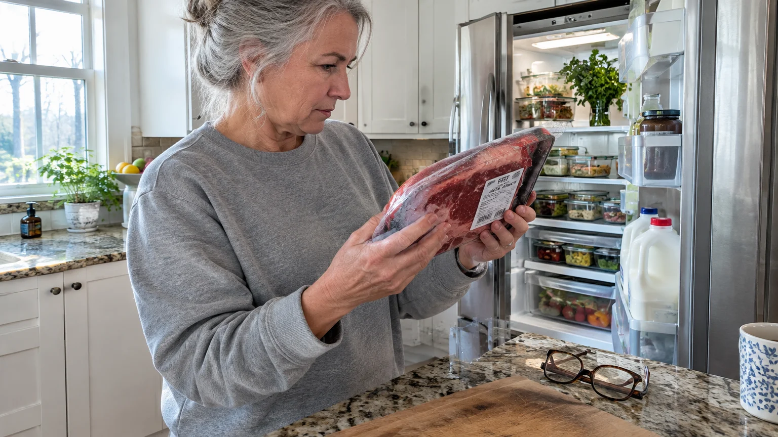 A mature woman in a kitchen inspects a plastic-wrapped package of raw beef in front of an open refrigerator.