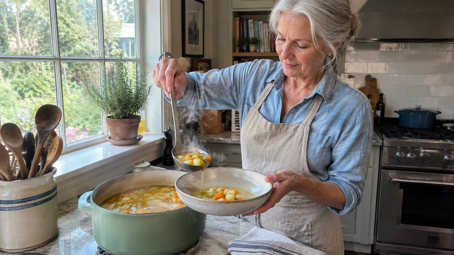 An older woman in an apron ladles steaming vegetable soup from a pot into a bowl in a bright kitchen.