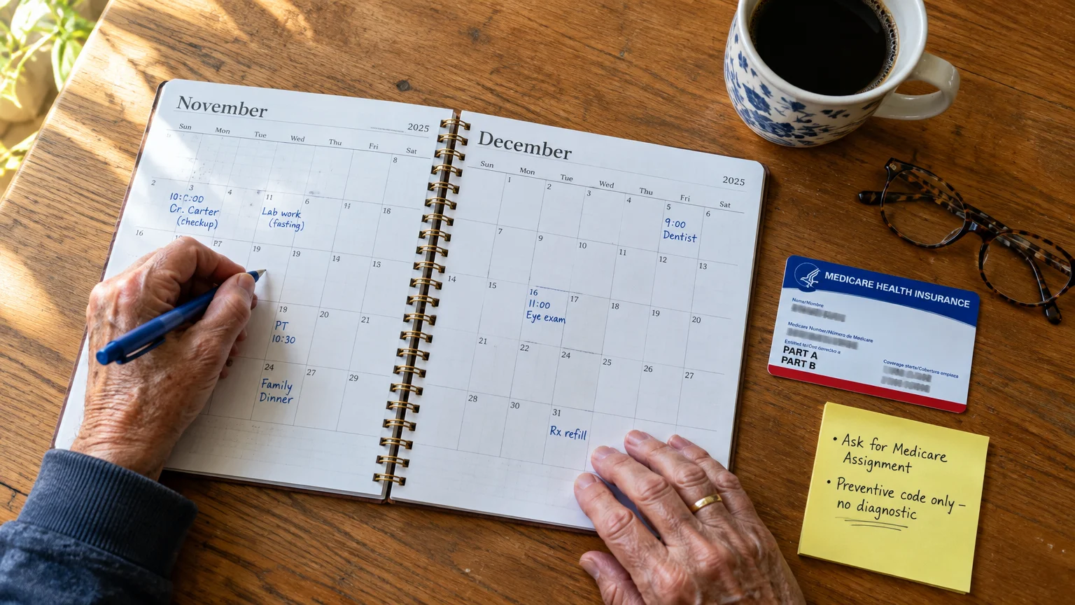 Person writing in a planner beside a Medicare card, sticky note, eyeglasses, and coffee cup on a wooden desk.