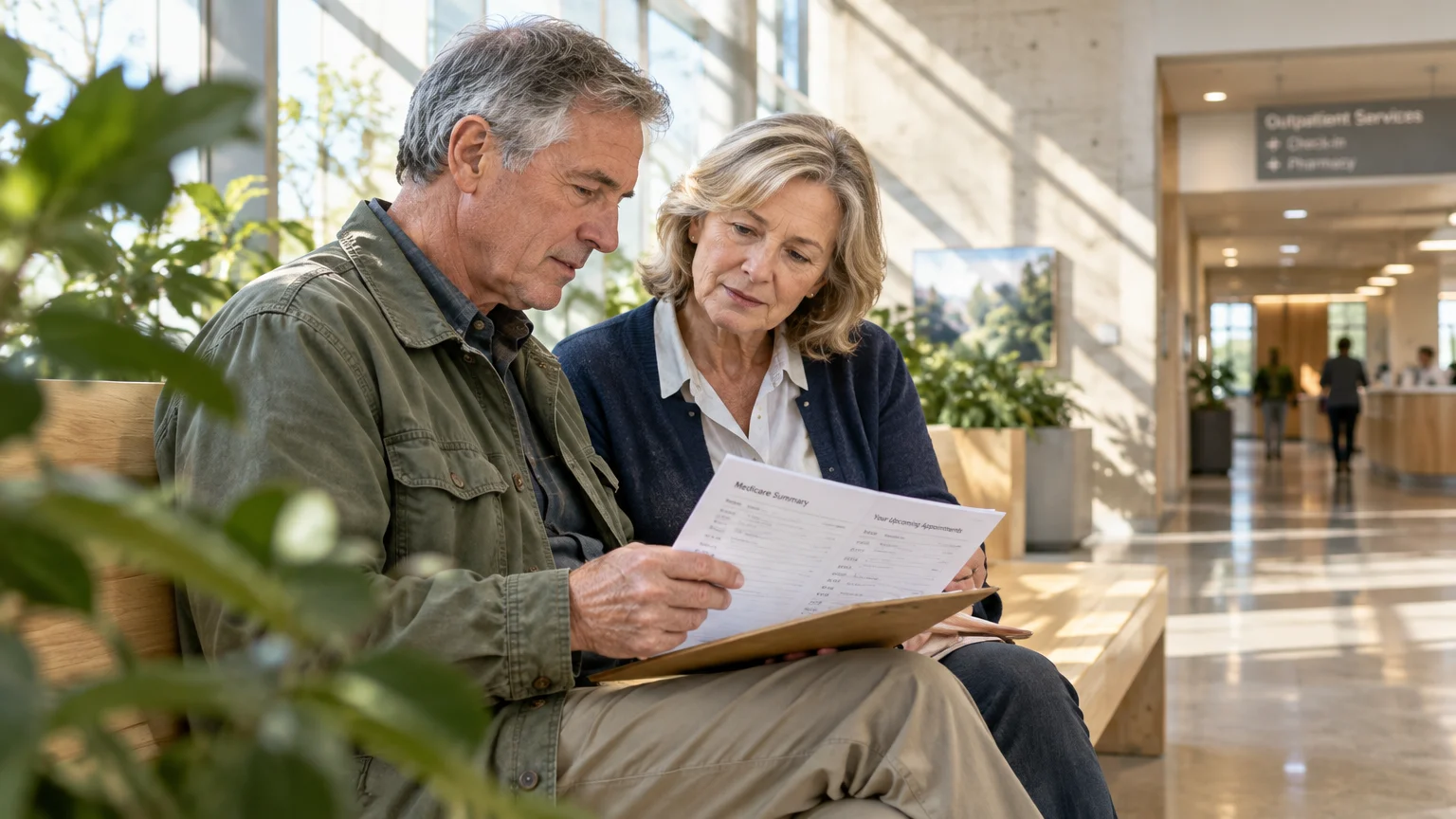Man and woman seated on a wooden bench in a bright clinic lobby, reviewing a Medicare Summary document on a clipboard.