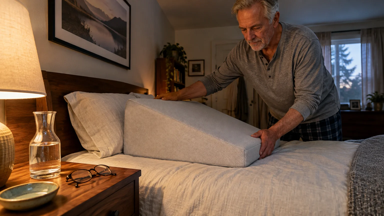 An older man in pajamas arranges a foam wedge pillow on a neatly made bed in a bedroom.