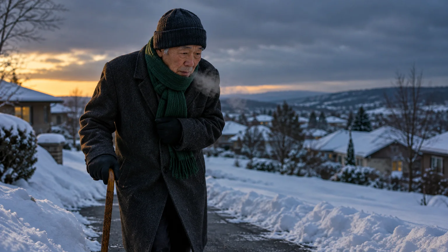 Older man with a cane, winter coat, scarf, and beanie walks along a snow-lined neighborhood path at dusk.