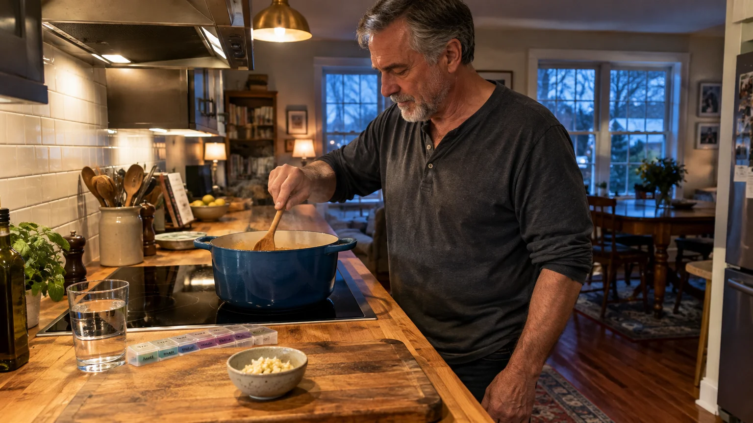 Older man stirring a blue pot on a kitchen stove near a pill organizer and minced garlic on the counter.