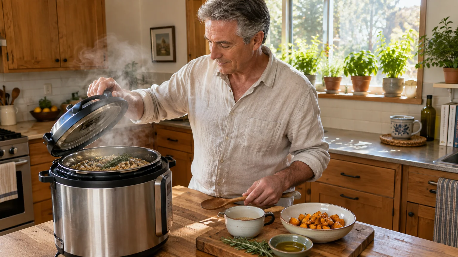 A man opening the lid of a steaming electric pressure cooker with cooked grains on a wooden kitchen counter.