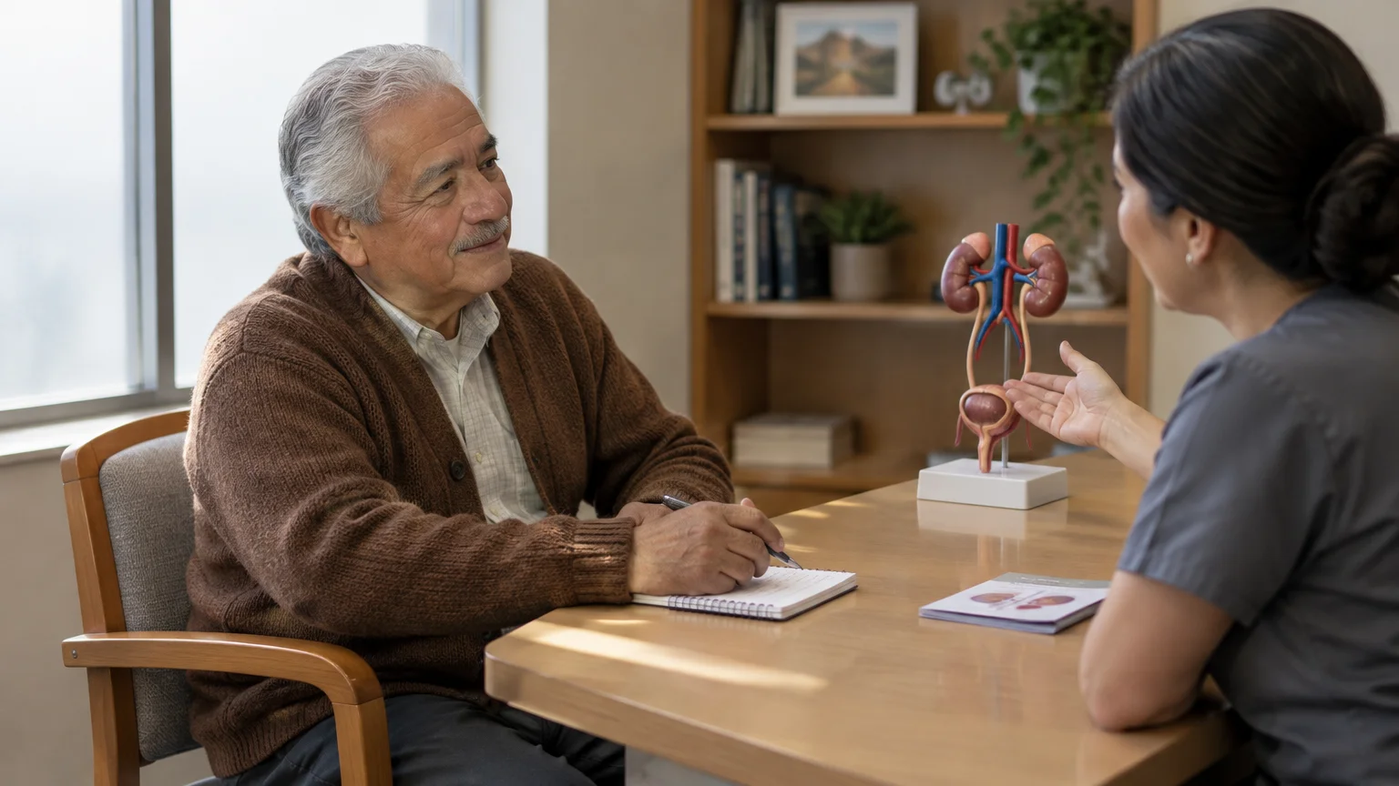 A doctor points to a urinary system anatomical model on a desk while speaking with an older male patient holding a pen.