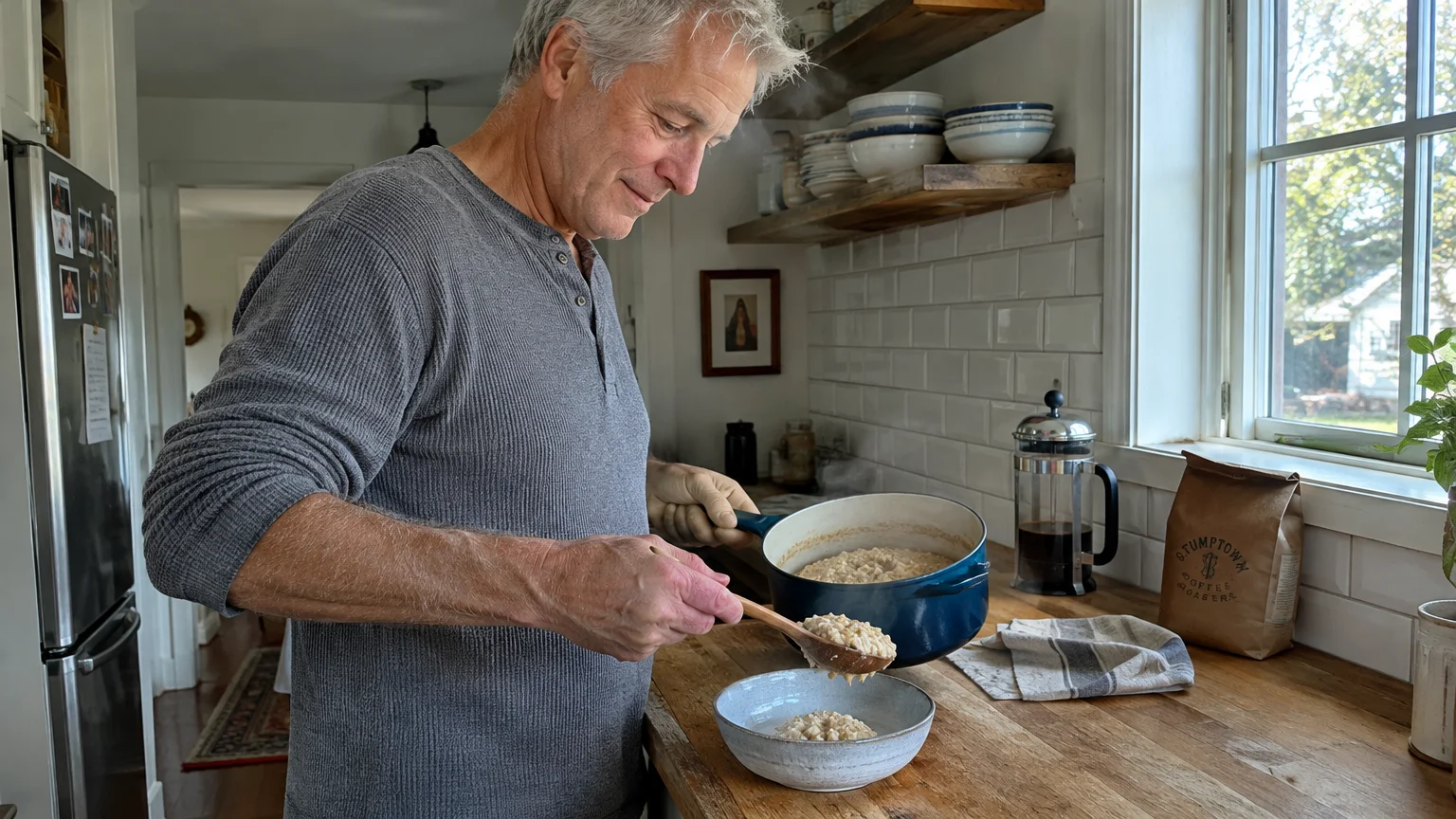Older man in a kitchen scooping warm oatmeal into a bowl near a French press coffee maker on the counter.