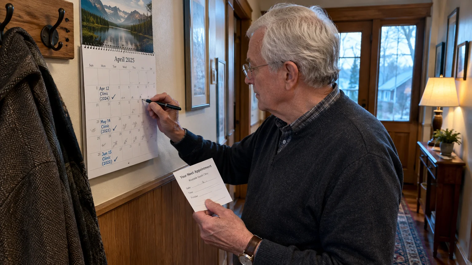 An older man wearing glasses marks dates on a wall calendar while holding an appointment reminder card.