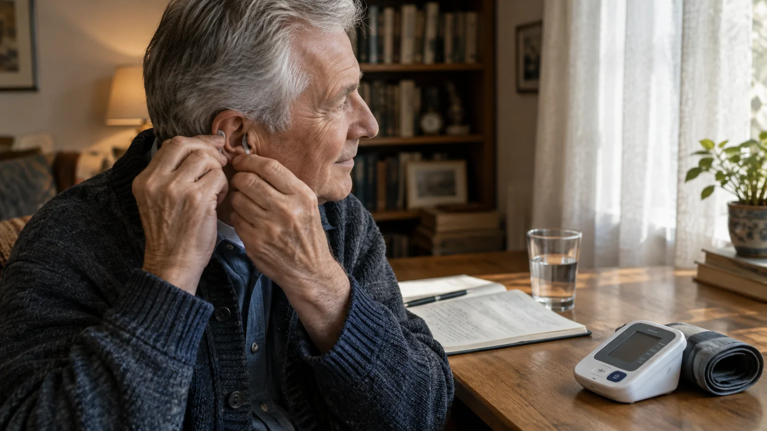 An older man inserts a hearing aid at a desk with an open notebook and digital blood pressure monitor.