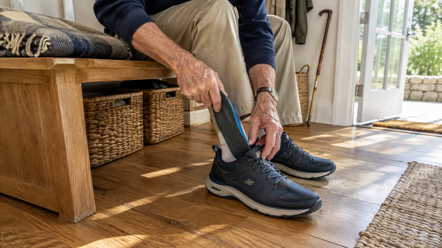 An older man sitting on a wooden bench inserts a cushioned blue insole into his dark sneaker.