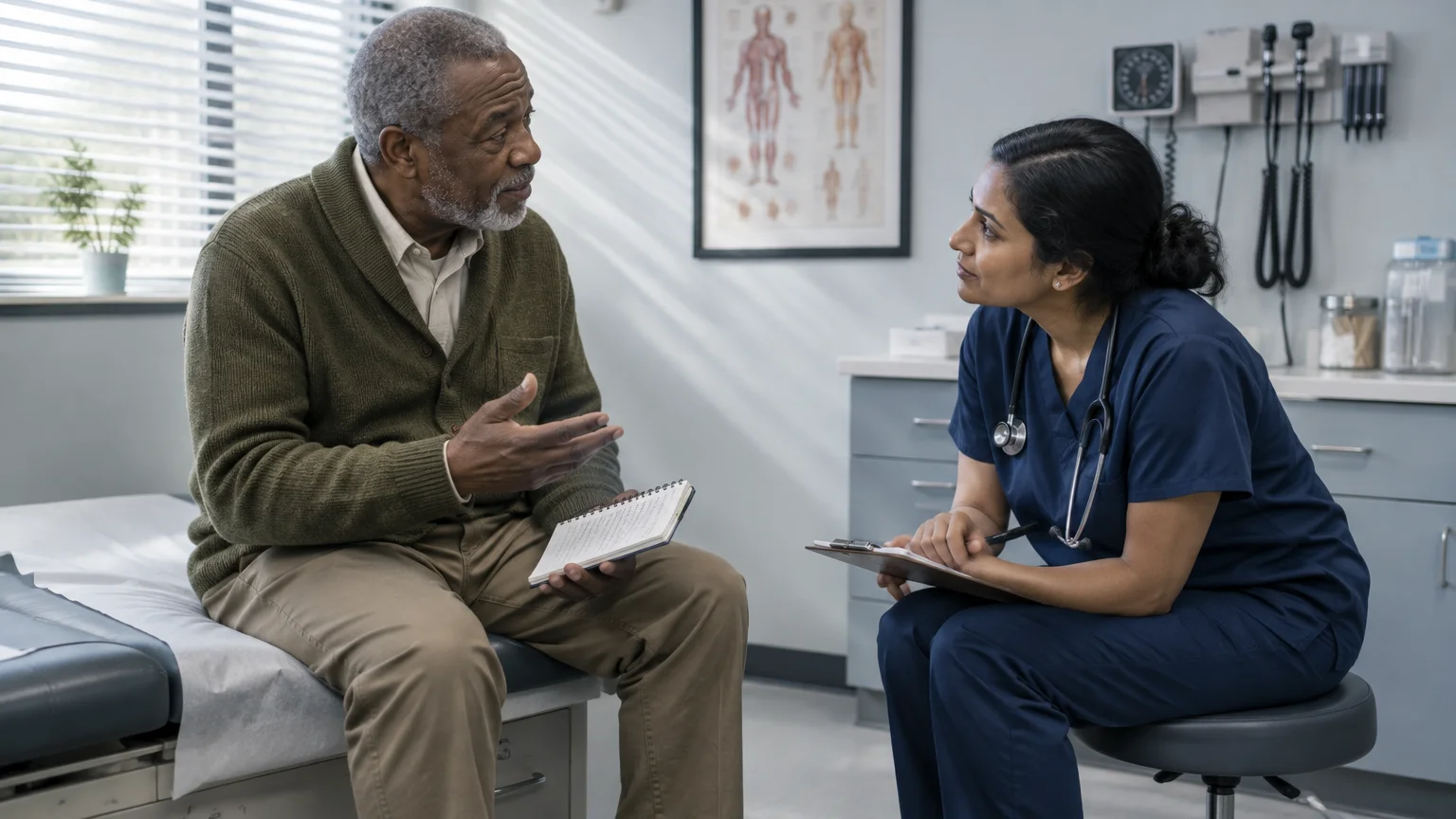 Senior man holding a notebook and talking to a female doctor wearing blue scrubs in an examination room.