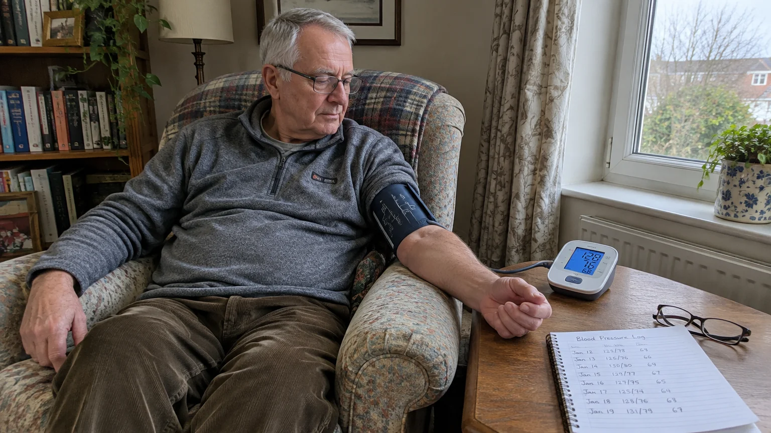 Senior man sitting in an armchair with an arm cuff connected to a digital blood pressure monitor beside a handwritten log.