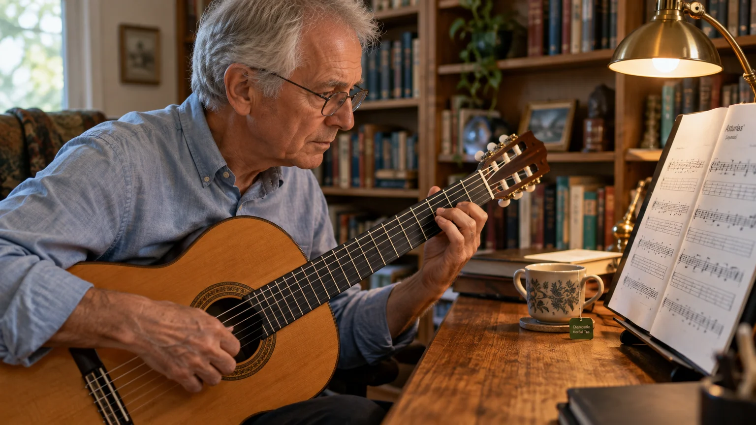 An older man wearing glasses plays an acoustic guitar at a wooden desk with sheet music under a lamp.
