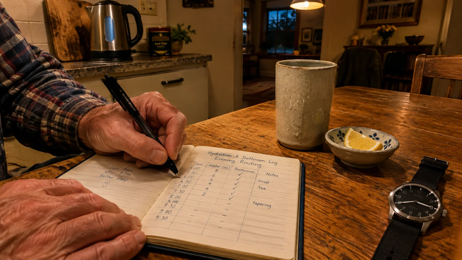 Person writing in a hydration and bathroom log notebook on a wooden table beside a ceramic mug, lemon slice, and wristwatch.