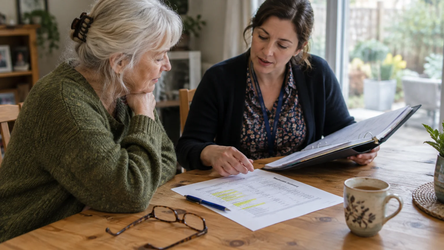 A healthcare worker reviews paperwork with a senior woman sitting across a wooden dining table.
