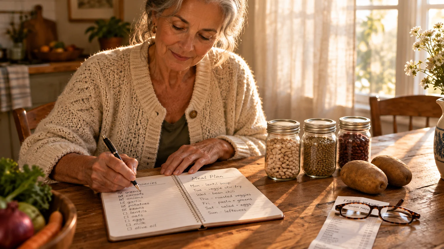 Older woman writing a grocery list and meal plan in a notebook next to jars of beans, lentils, and potatoes.