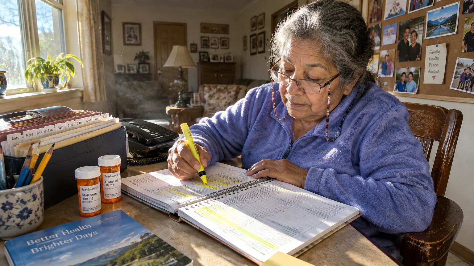 Senior woman in glasses sits at a table highlighting lines in a spiral-bound notebook near prescription bottles.
