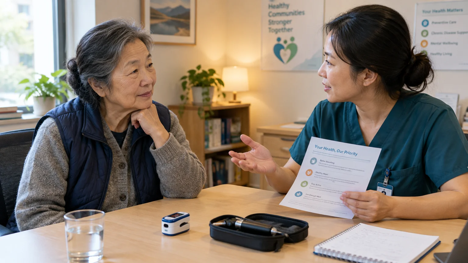 A healthcare worker in green scrubs speaks with an older woman seated at a clinic desk with medical tools.