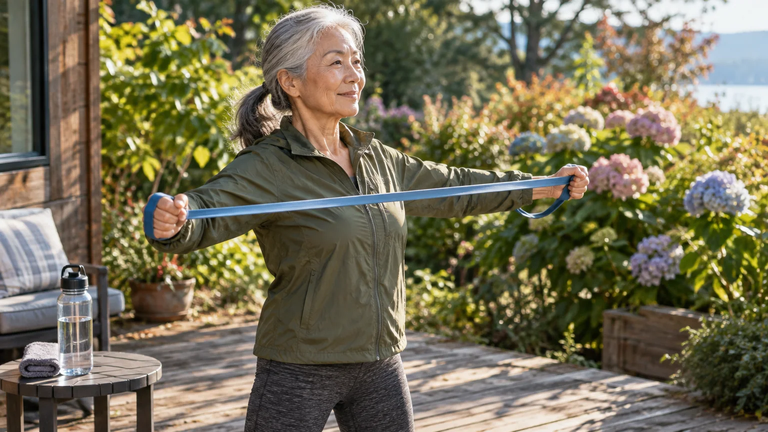 Senior woman stretching a blue resistance band outdoors on a sunny wooden patio surrounded by garden flowers.
