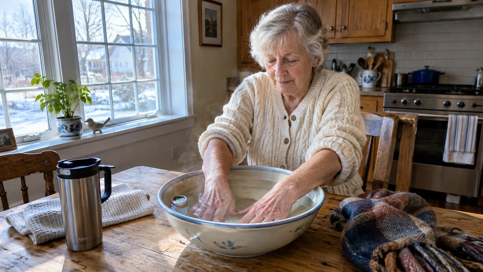 An older woman soaking both hands in a steaming bowl of warm water on a wooden kitchen table.