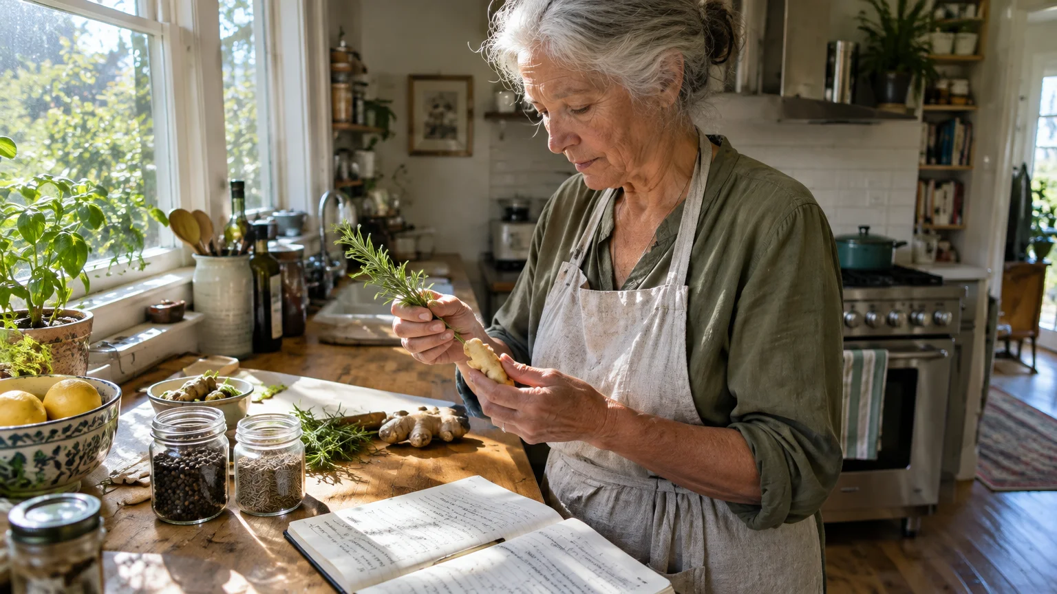 Senior woman in an apron examining fresh rosemary and ginger at a sunlit kitchen counter with spice jars and a notebook.