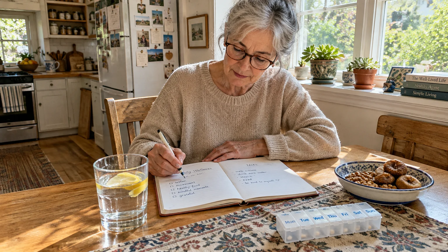 A senior woman with glasses writes in a daily journal at a sunlit kitchen table near a pill organizer and water.