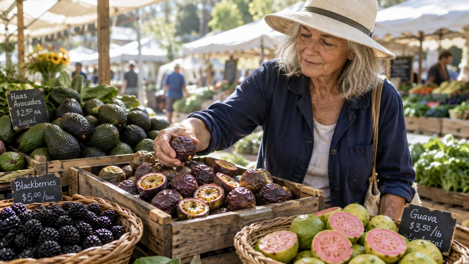 Older woman in a sunhat picking up passion fruit at an outdoor farmers market stand filled with fresh produce.