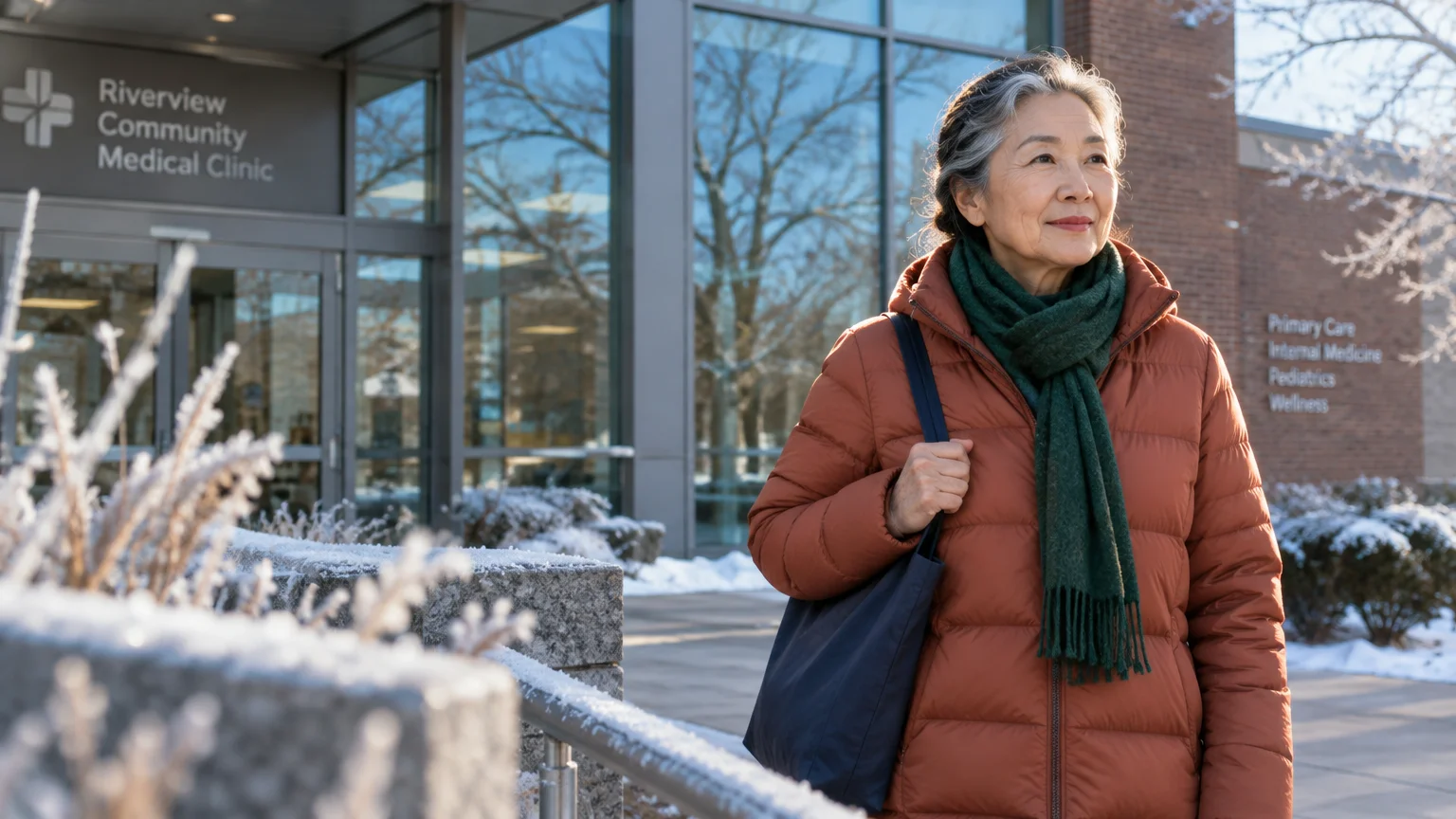 Older woman in a brown puffer coat and green scarf standing outside a medical clinic on a sunny winter day.