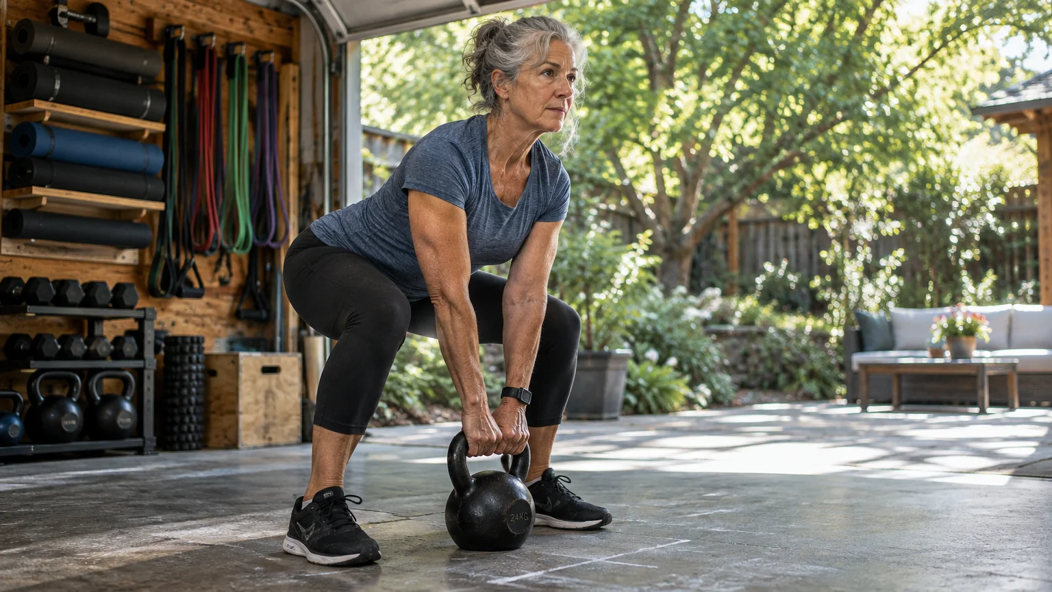 A mature woman lifts a heavy kettlebell in a squat position inside an open home garage gym facing a sunny yard.