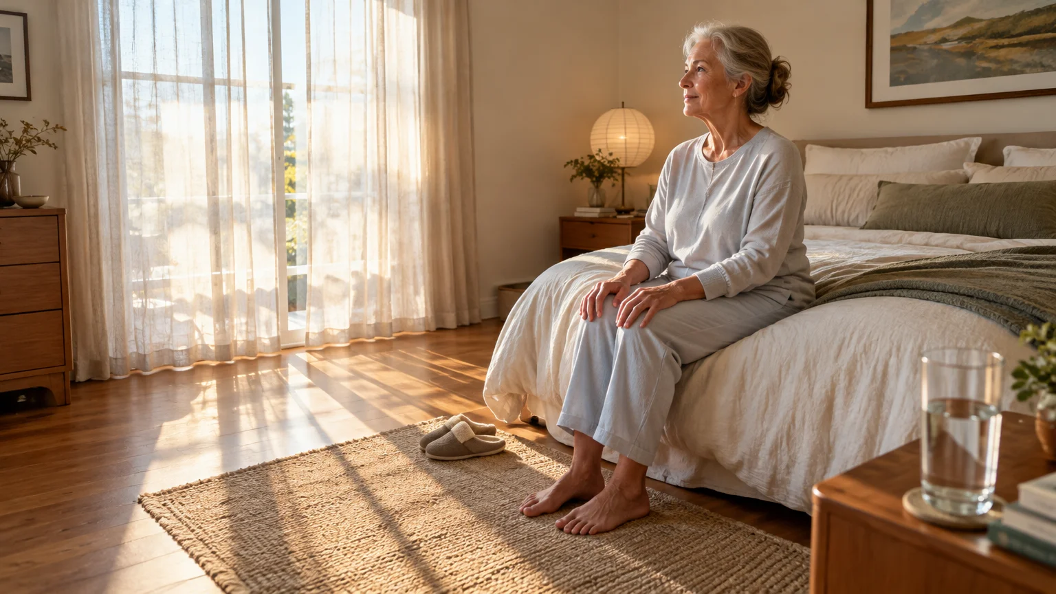 Senior woman in pajamas sitting on the edge of a bed in a sunlit bedroom with slippers on a woven rug.