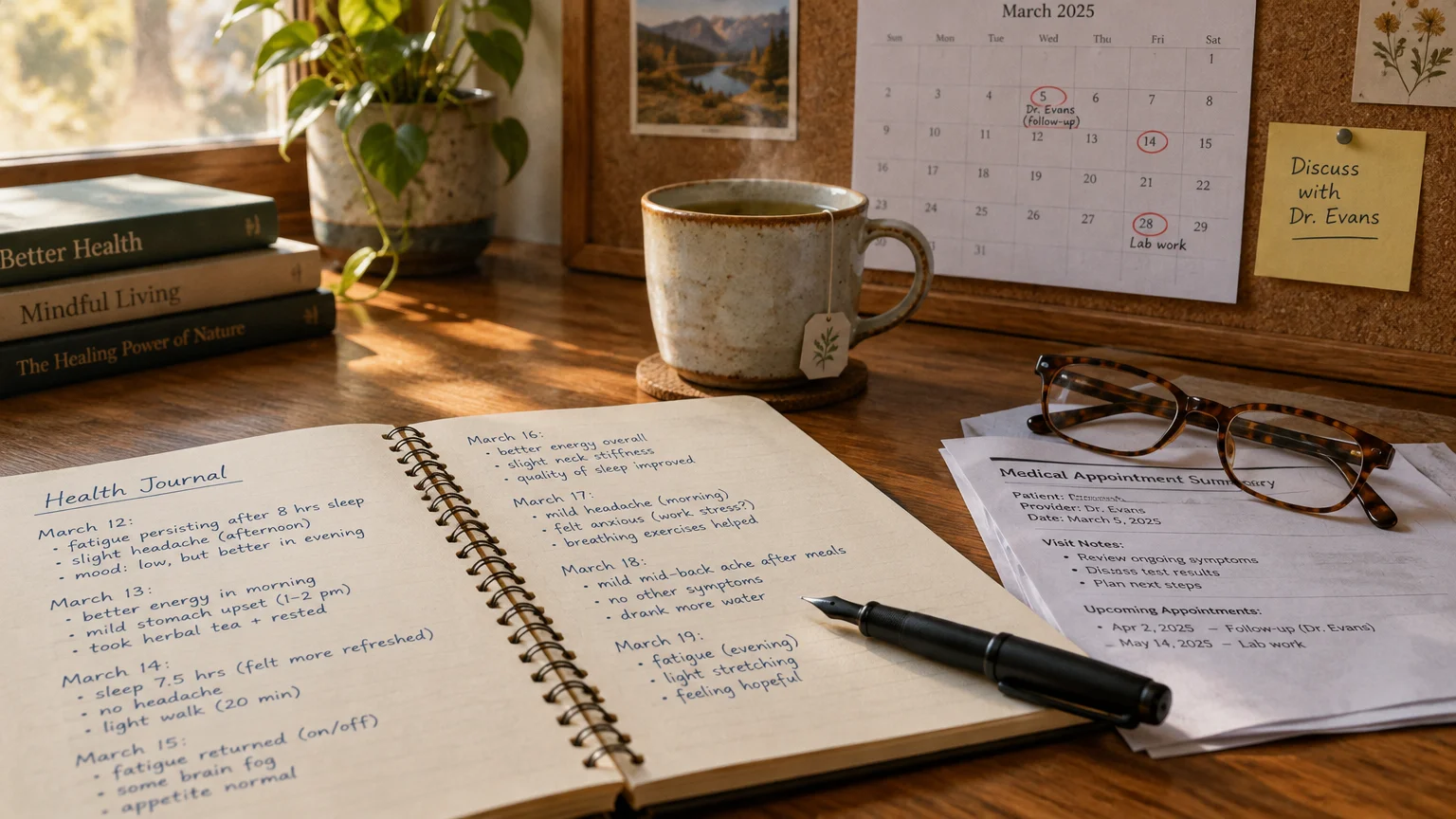Open health journal notebook with handwritten daily entries, pen, glasses, medical paper, and tea mug on a desk.